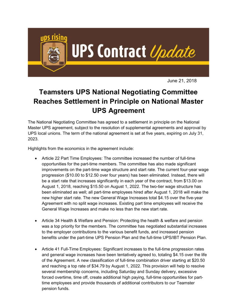 UPS National Negotiating Committee Reaches Settlement Teamsters Local 171