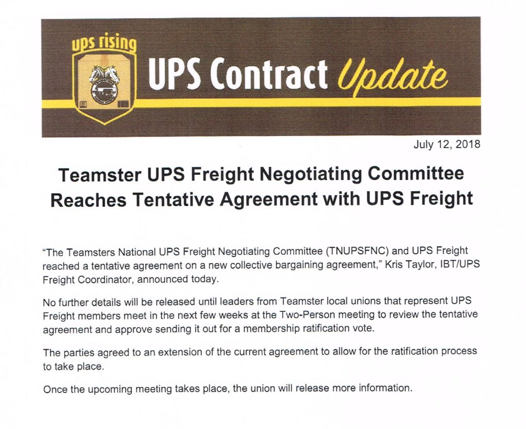 Tentative Agreement with UPS Freight Reached Teamsters Local 171